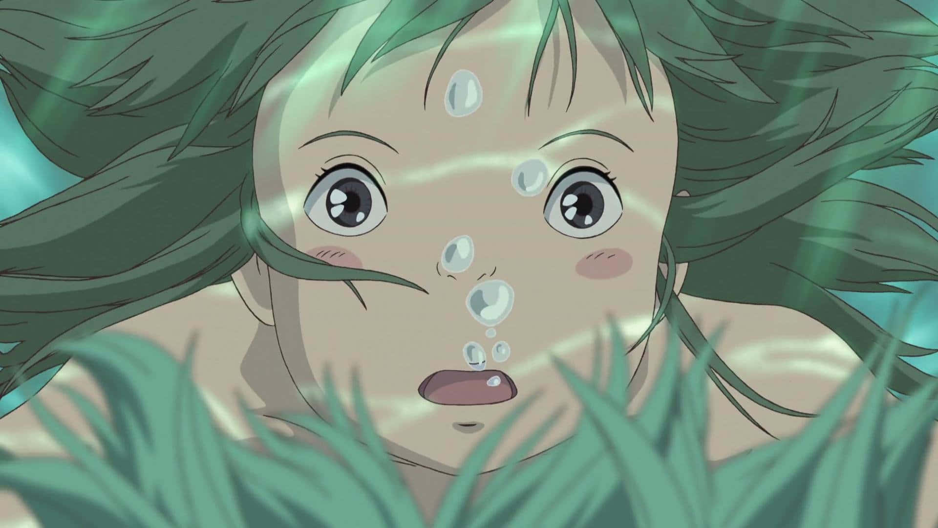 年輕動漫女孩在水下，綠色頭髮，氣泡從她嘴裡升起。