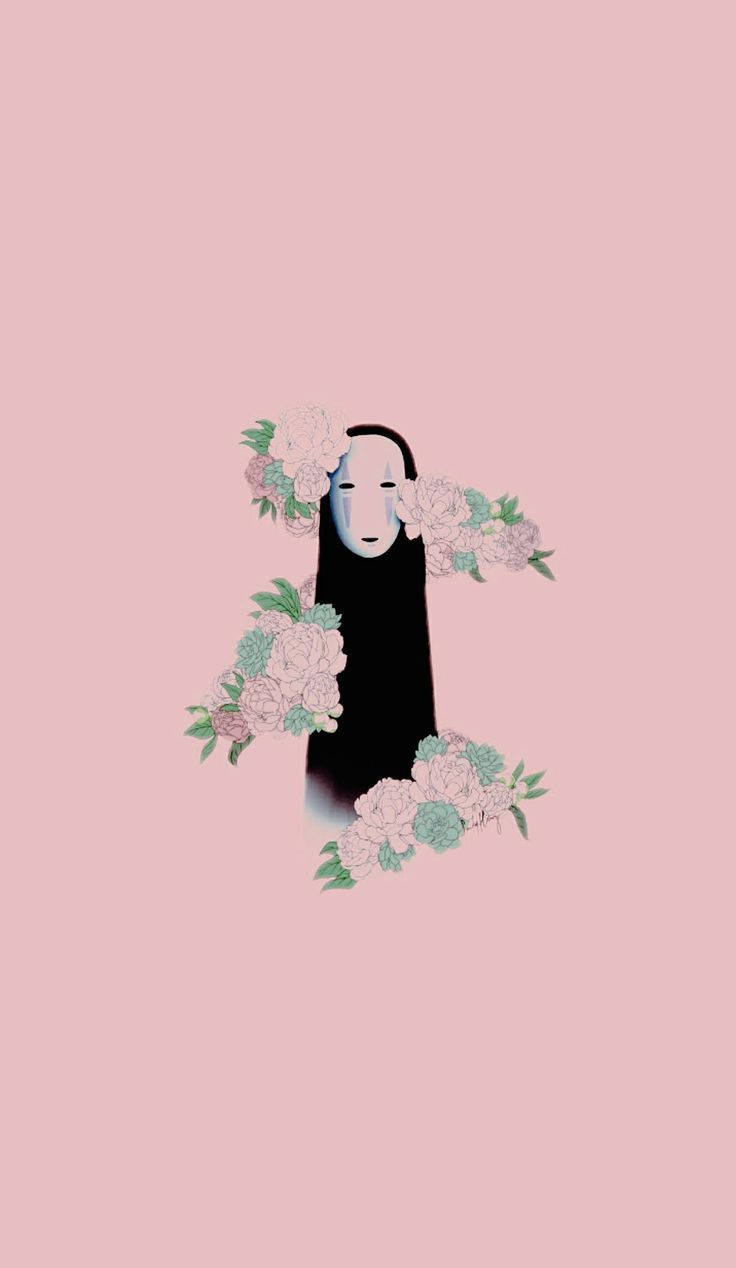 千與千尋無臉男鎖屏壁紙 壁紙 — 一個極簡插圖，描繪一個無臉角色，點綴著柔和的粉紅色和藍綠色花朵，背景為粉彩粉紅色。