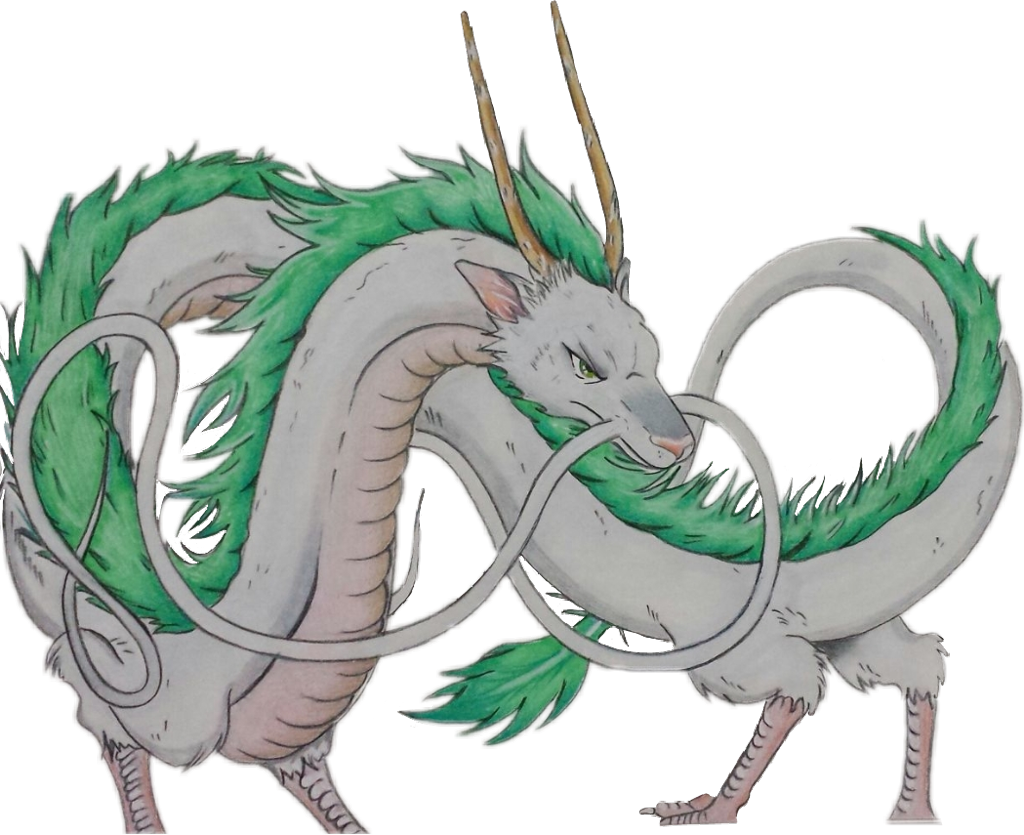 千與千尋白龍插畫 壁紙 — 一隻風格化的白色龍，帶有綠色鬃毛和角，在黑色背景上優雅地盤繞。