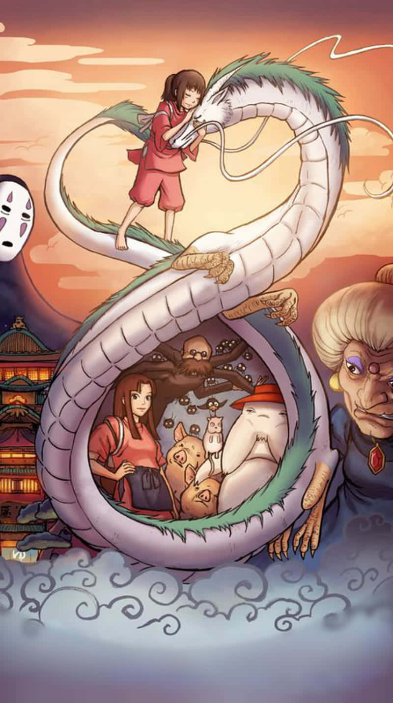 女孩在夕陽下的日本村莊中騎龍，與《千與千尋》的靈魂一起。