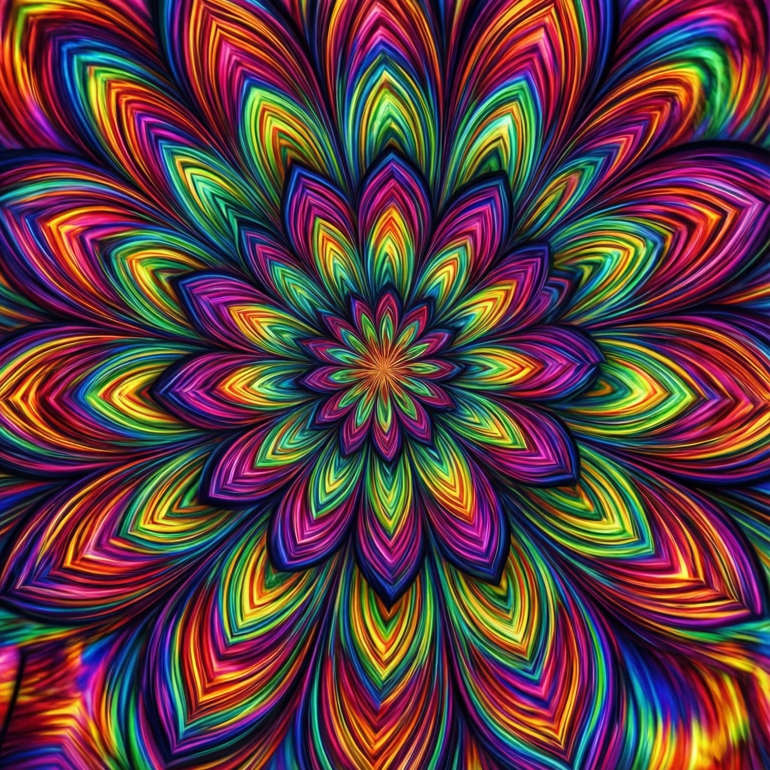 千變萬化脈輪蓮花 壁紙 — 一個充滿迷幻色彩的萬花筒，由鮮豔的彩虹色形成對稱的碎形花朵圖案，向外輻射。