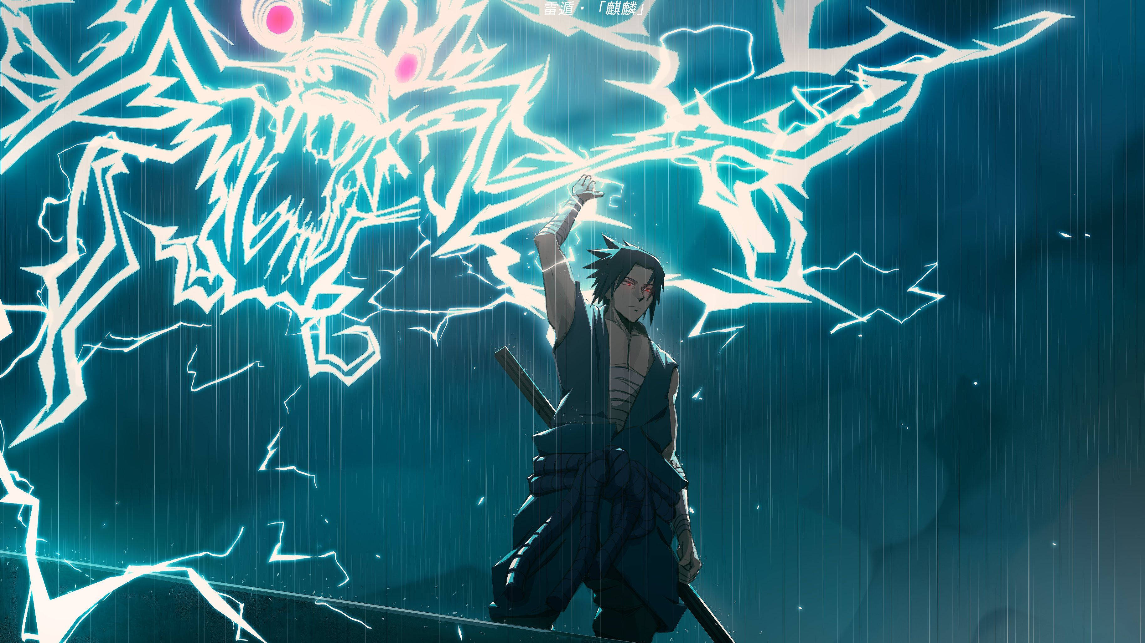 千鳥·麒麟 壁紙 — 一位黑髮動漫戰士站在雨中，揮舞著發光的白色查克拉刀，背景是暴風雨的藍色。