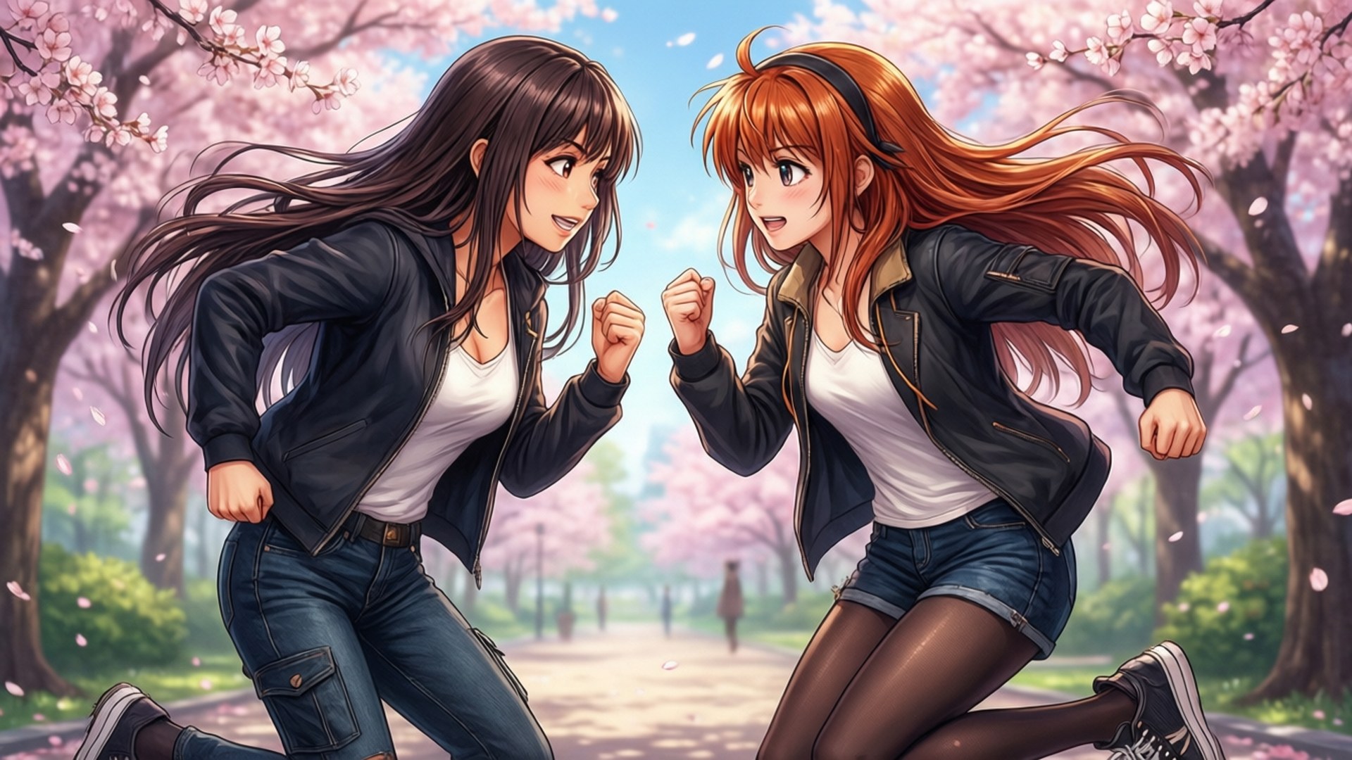 千鶴 vs 瑠夏 壁紙 — 兩個穿著黑色外套的動漫女孩在櫻花公園裡快樂地奔跑，粉紅色的花瓣在她們周圍旋轉。