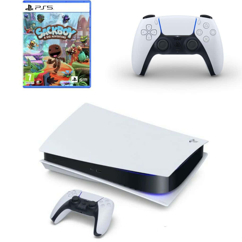 升級時刻 - 全新 PS5 壁紙 — 白色PlayStation 5主機及DualSense控制器，連同Sackboy遊戲封面，展示在潔白背景上。