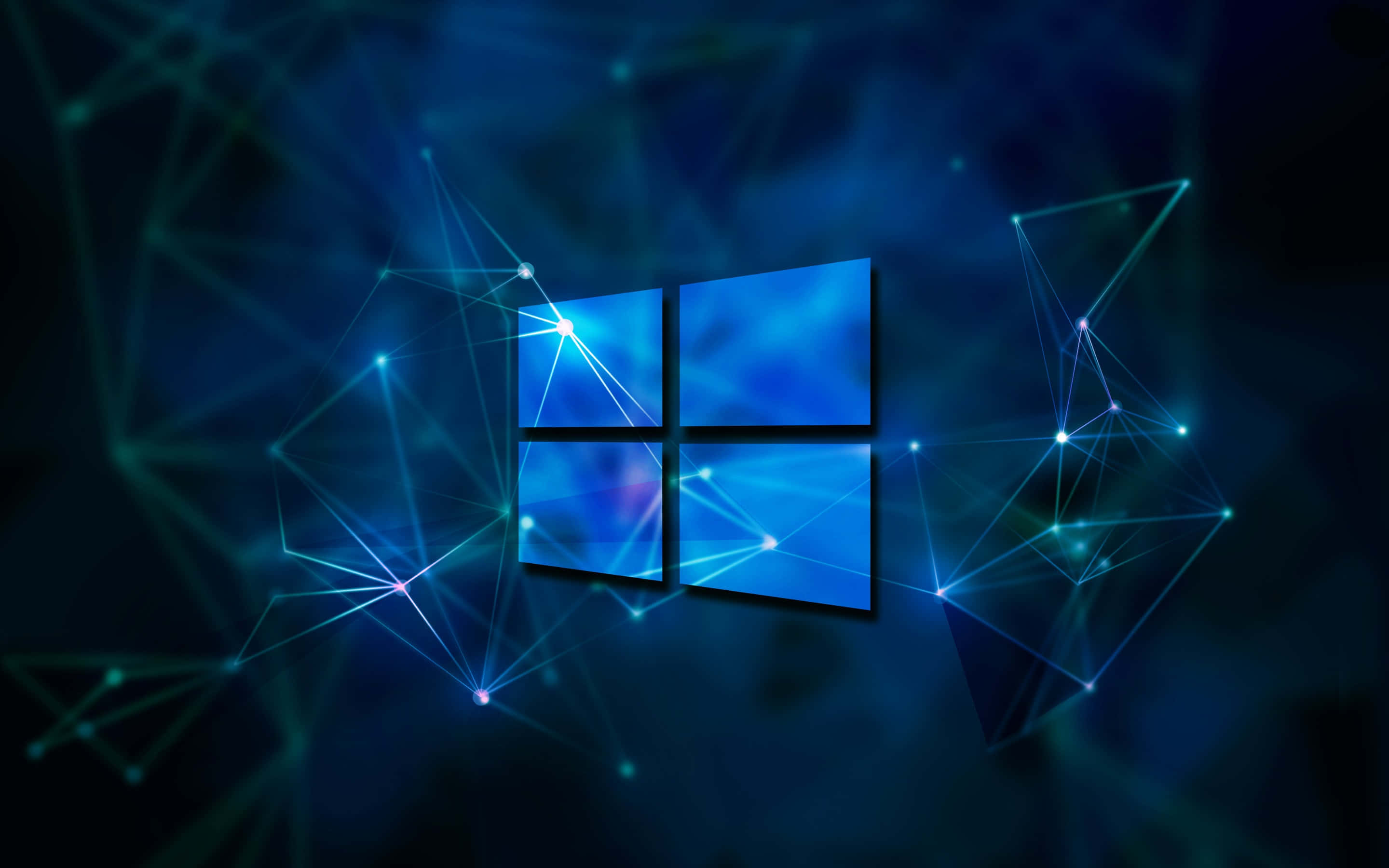 升級至 Windows 10 以體驗最新功能 壁紙 — Windows 標誌發出藍色光芒，被發光的網絡節點和線條包圍，背景為深色數位背景。