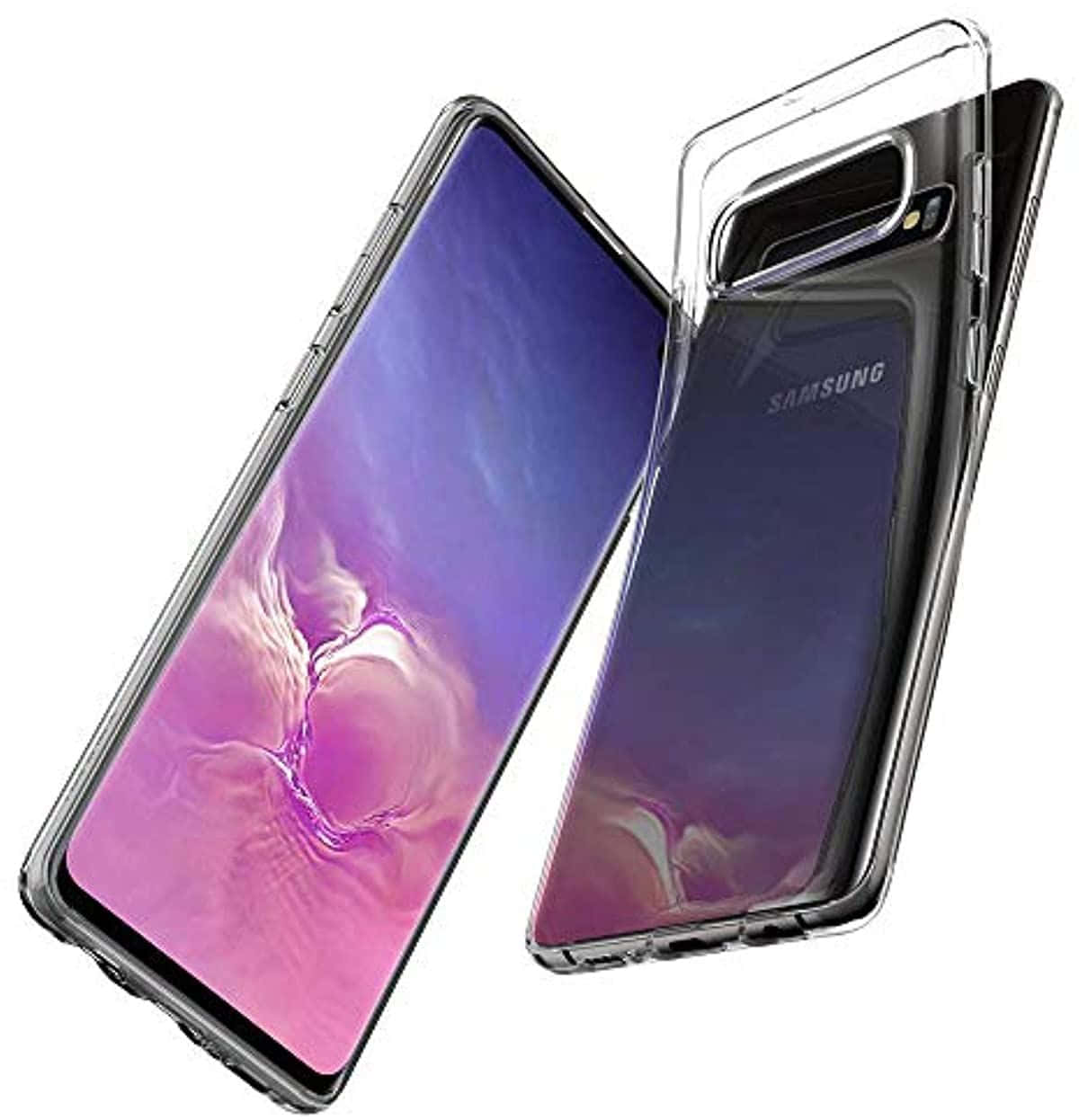 Samsung手機配透明殼和彩色抽象屏幕壁紙