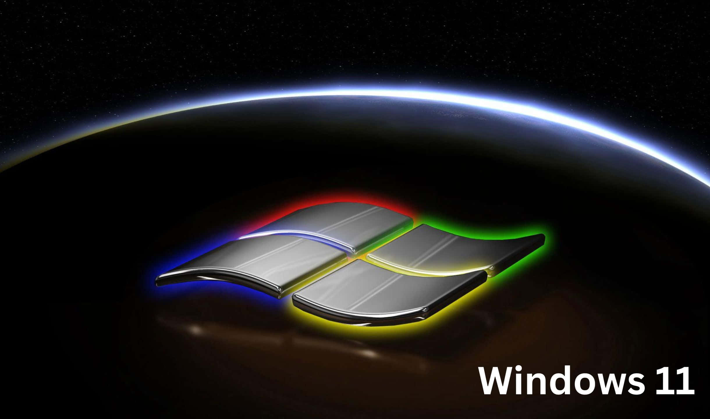 Windows 11 標誌在太空中地球上方發出彩虹色光芒。