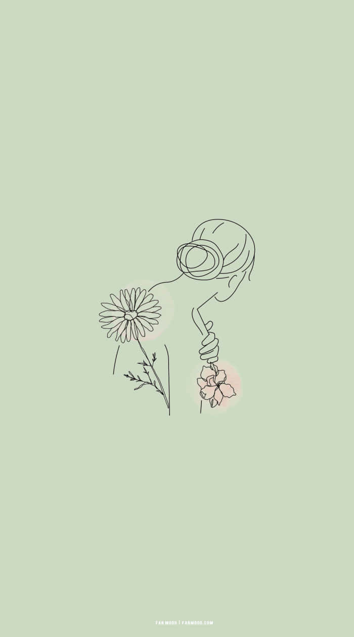 以簡約線條藝術風格描繪一個人手持兩朵花。