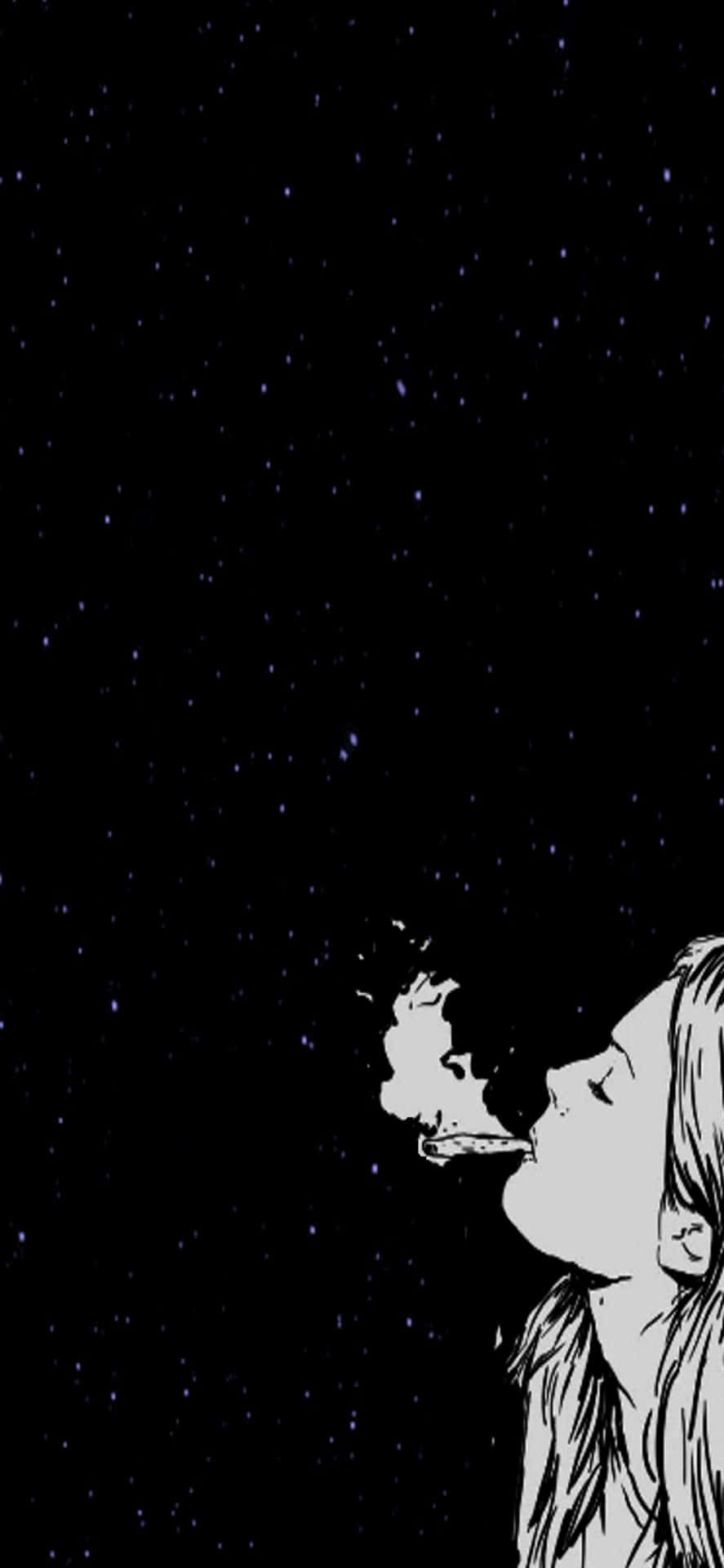 女性在繁星點點的夜空下呼出煙霧的黑白插圖。