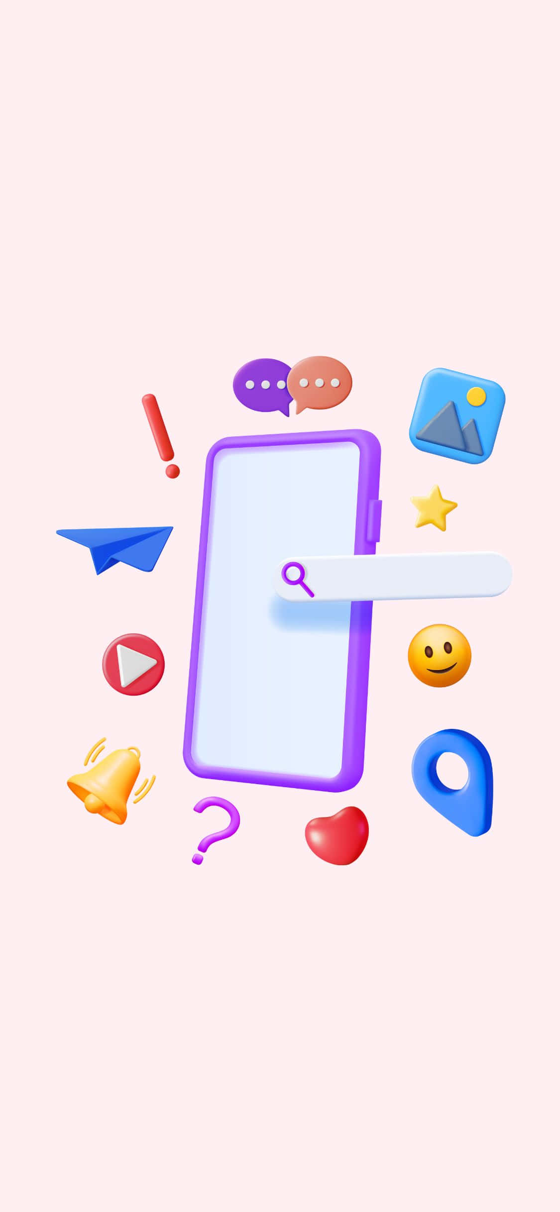 升級至最新最強 — iPhone X Social 壁紙 — 一部紫色智能手機，放大鏡懸浮在屏幕上方，周圍是色彩繽紛的3D應用程式圖標，背景是柔和的粉紅色。