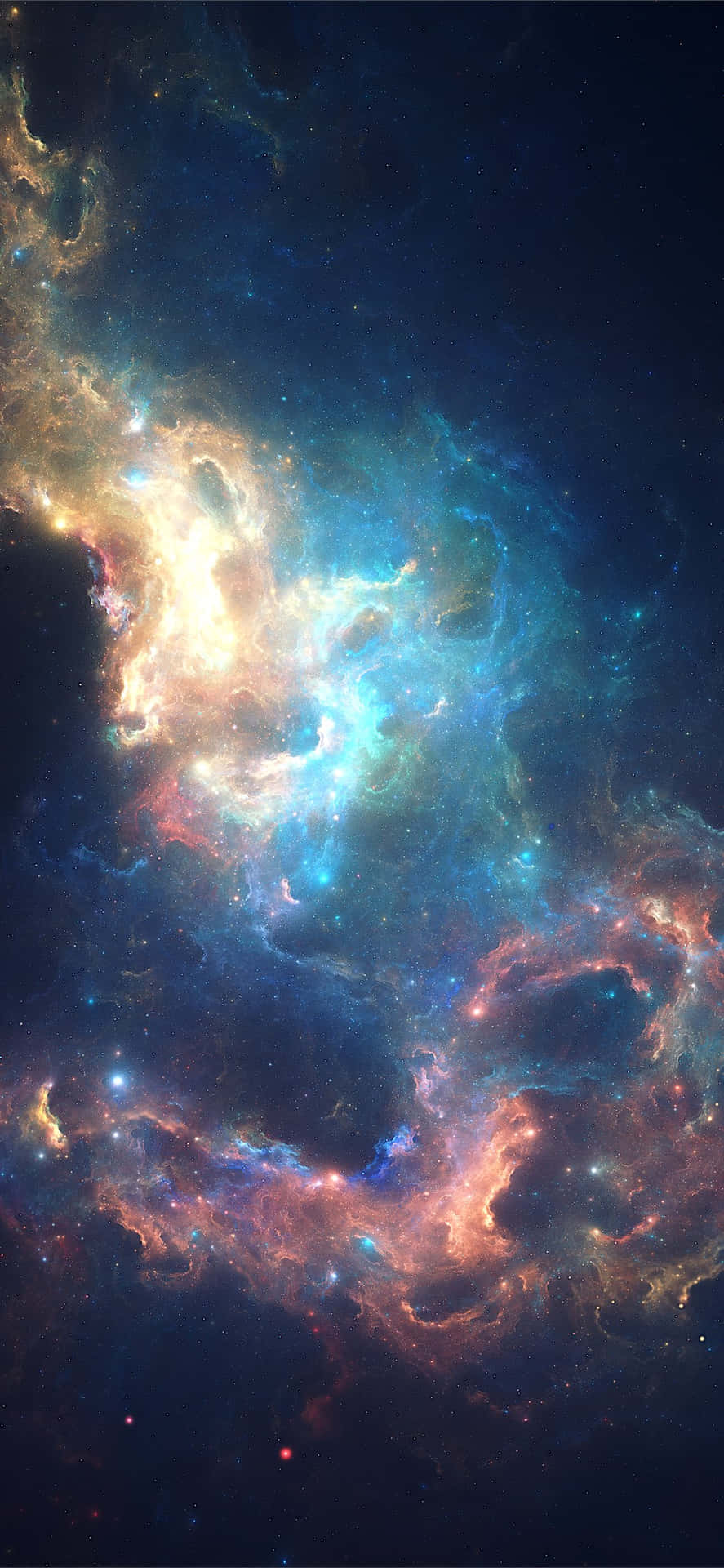 鮮豔的宇宙星雲，在繁星點點的虛空中旋轉著藍色、金色和紅色的雲層。