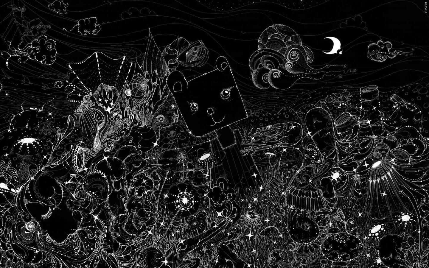 一個微笑的方塊生物，在奇幻的黑白風景中，伴隨著星星和雲朵。