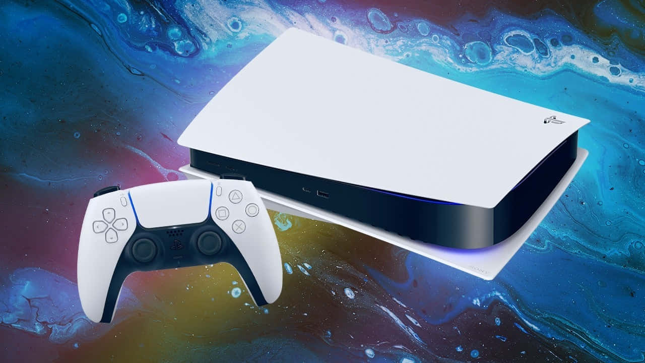 PlayStation 5主機和手掣漂浮在色彩繽紛的宇宙星雲中。