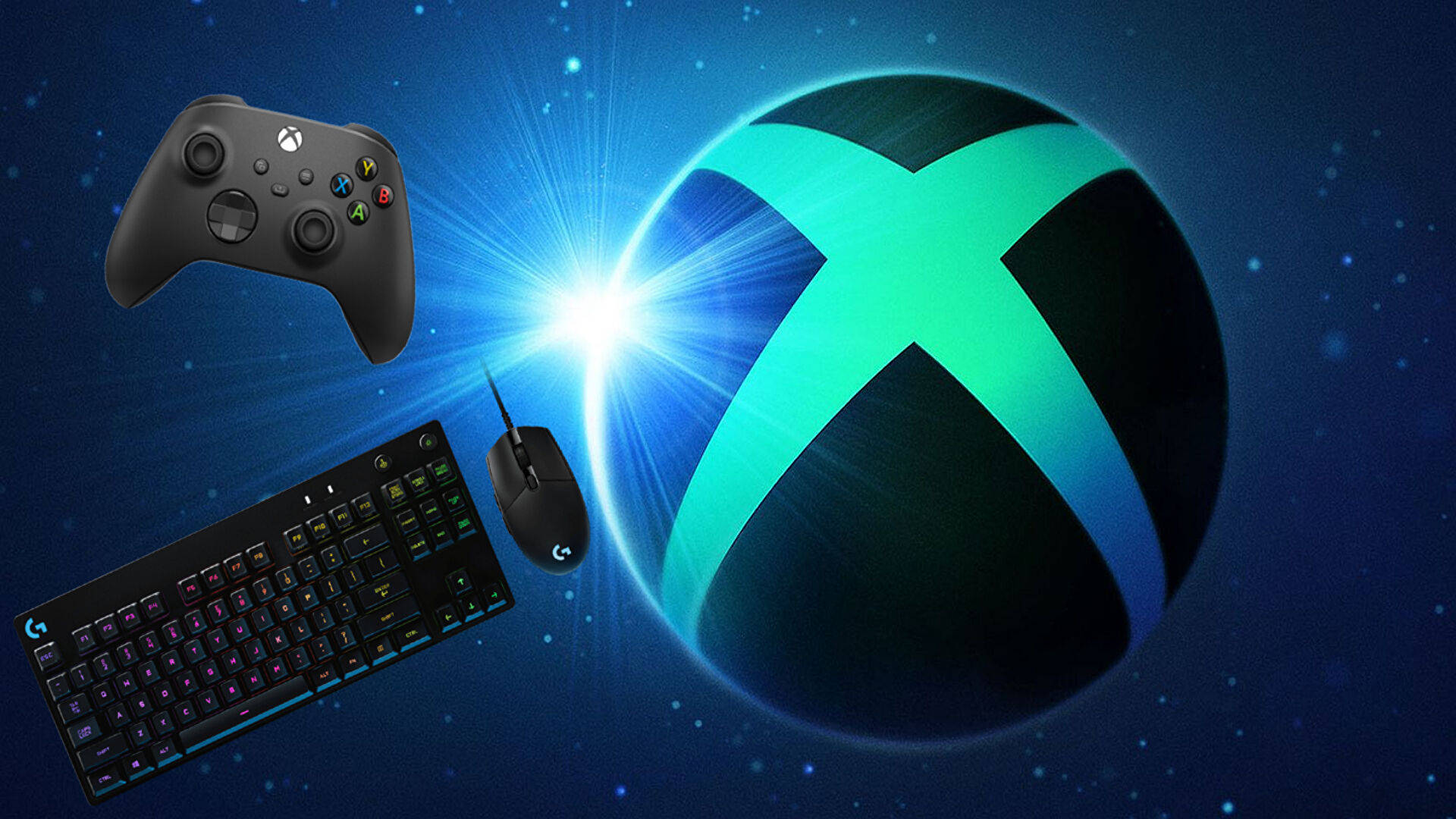 遊戲周邊設備漂浮在太空中發光的 Xbox 標誌前。