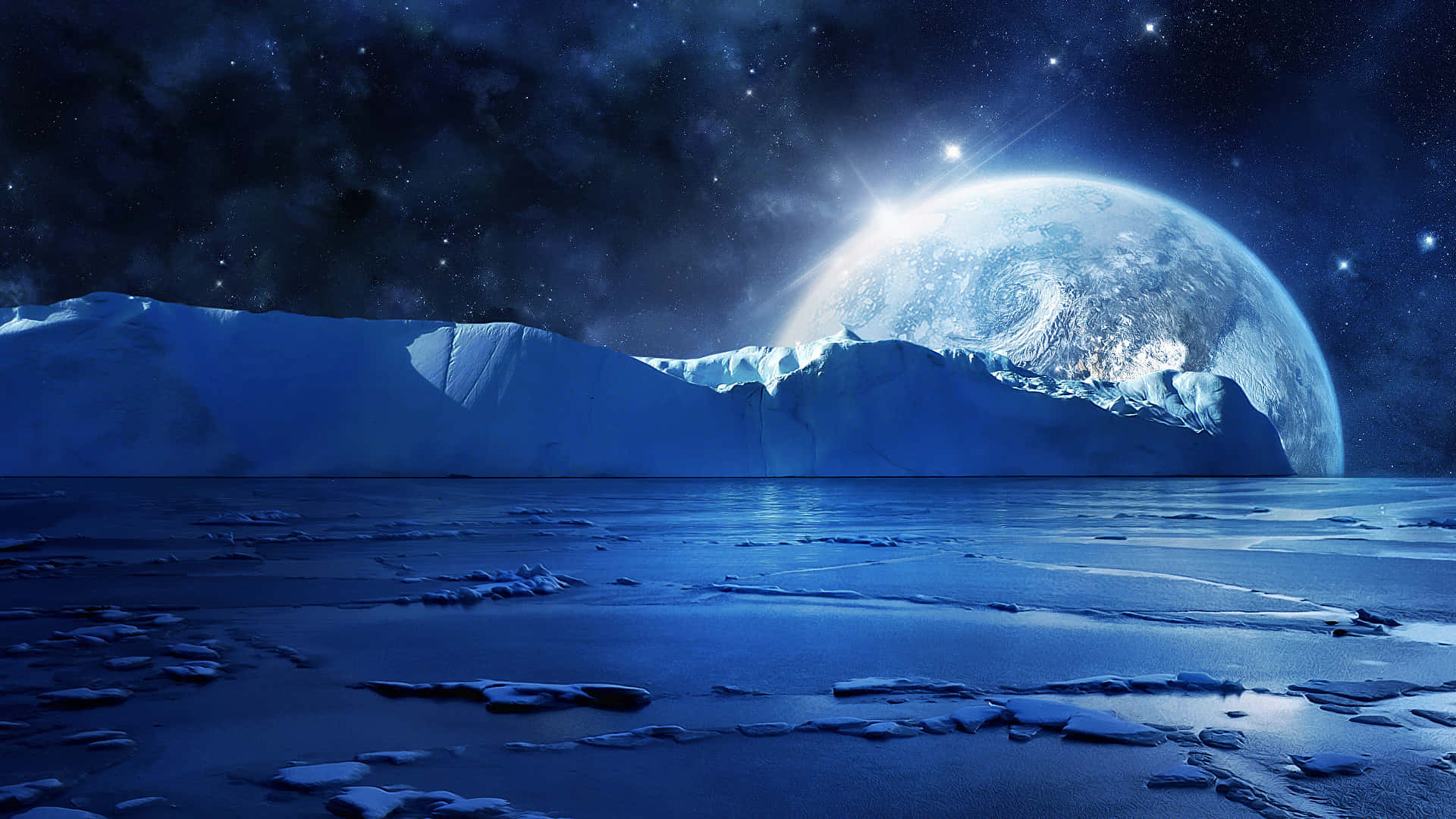 星空下冰凍的冰原，一顆發光的行星從山脈後升起。