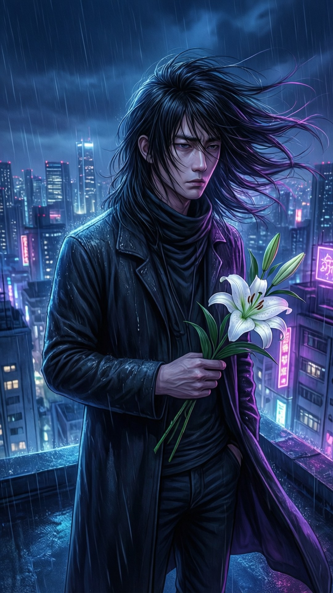 午夜悵惘 壁紙 — 一個孤獨的黑髮男子在夜晚的城市屋頂上站在雨中，手持白色百合花，背景是霓虹燈照亮的摩天大樓。