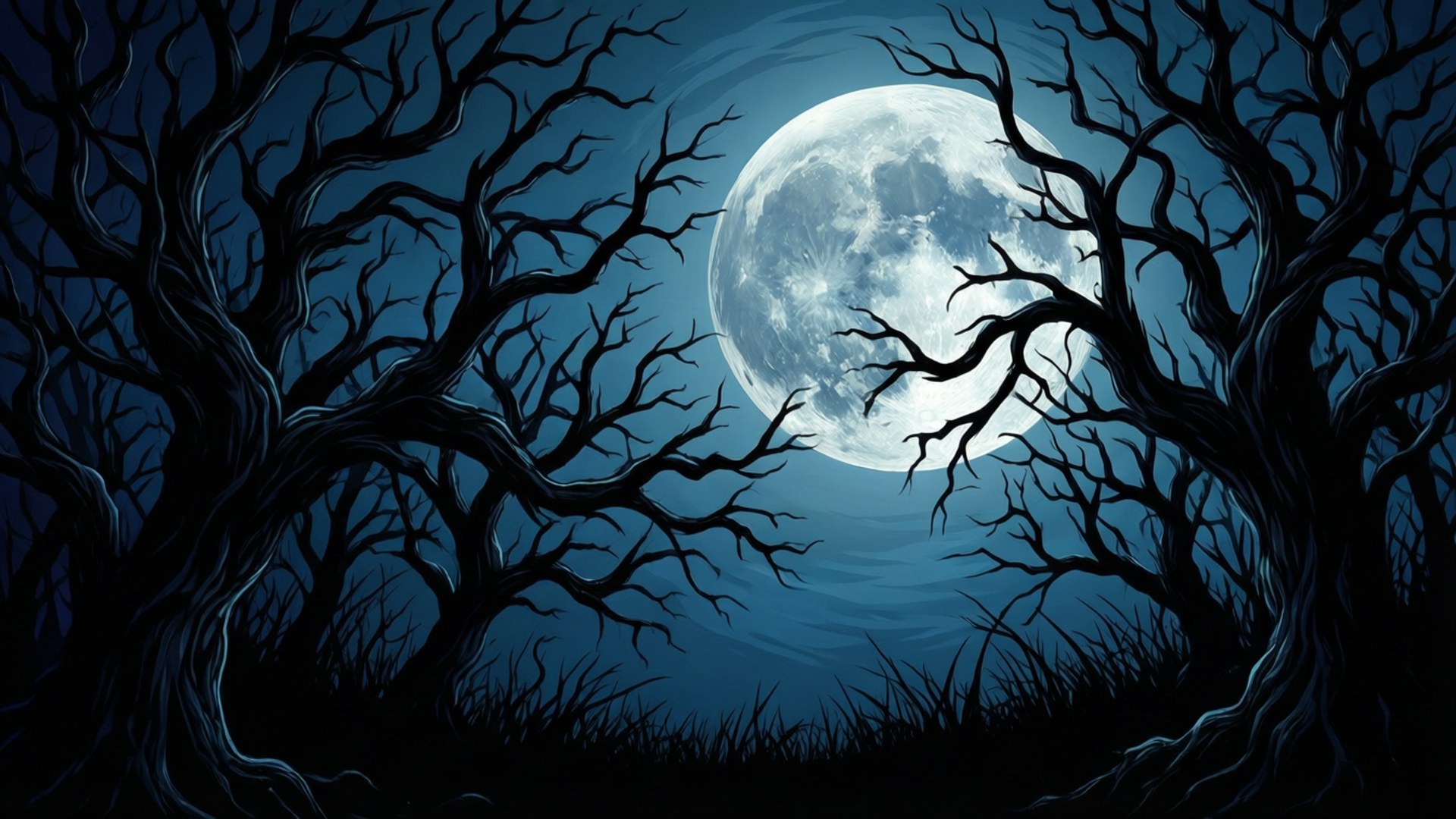 午夜扭曲枝條 壁紙 — 一個令人毛骨悚然的夜晚場景，扭曲的禿樹在深藍色天空中巨大的發光滿月襯托下形成剪影。