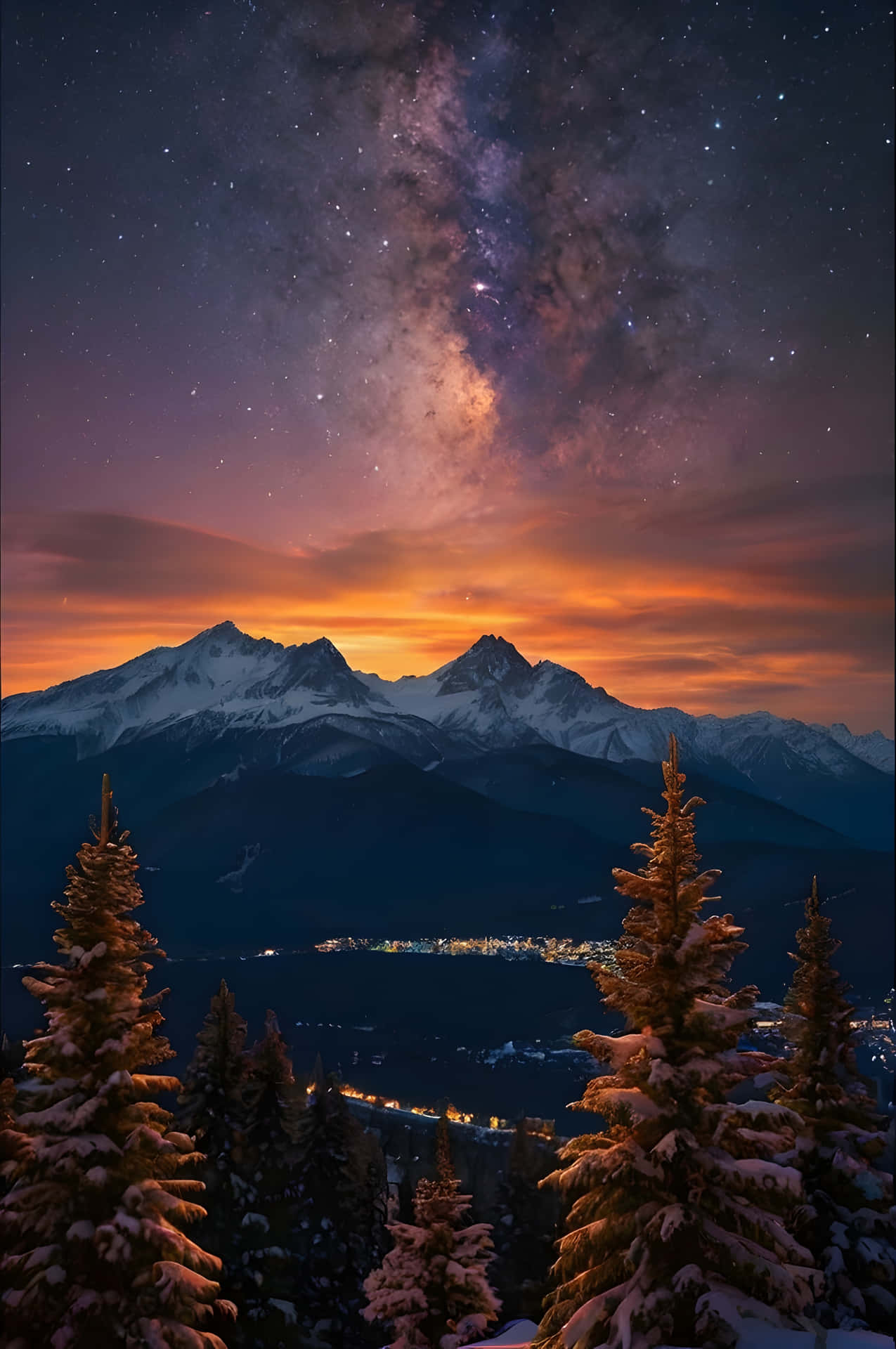 白雪覆蓋的松樹環繞著山谷小鎮，下方是雄偉的山脈，上方是繁星點點的暮色天空