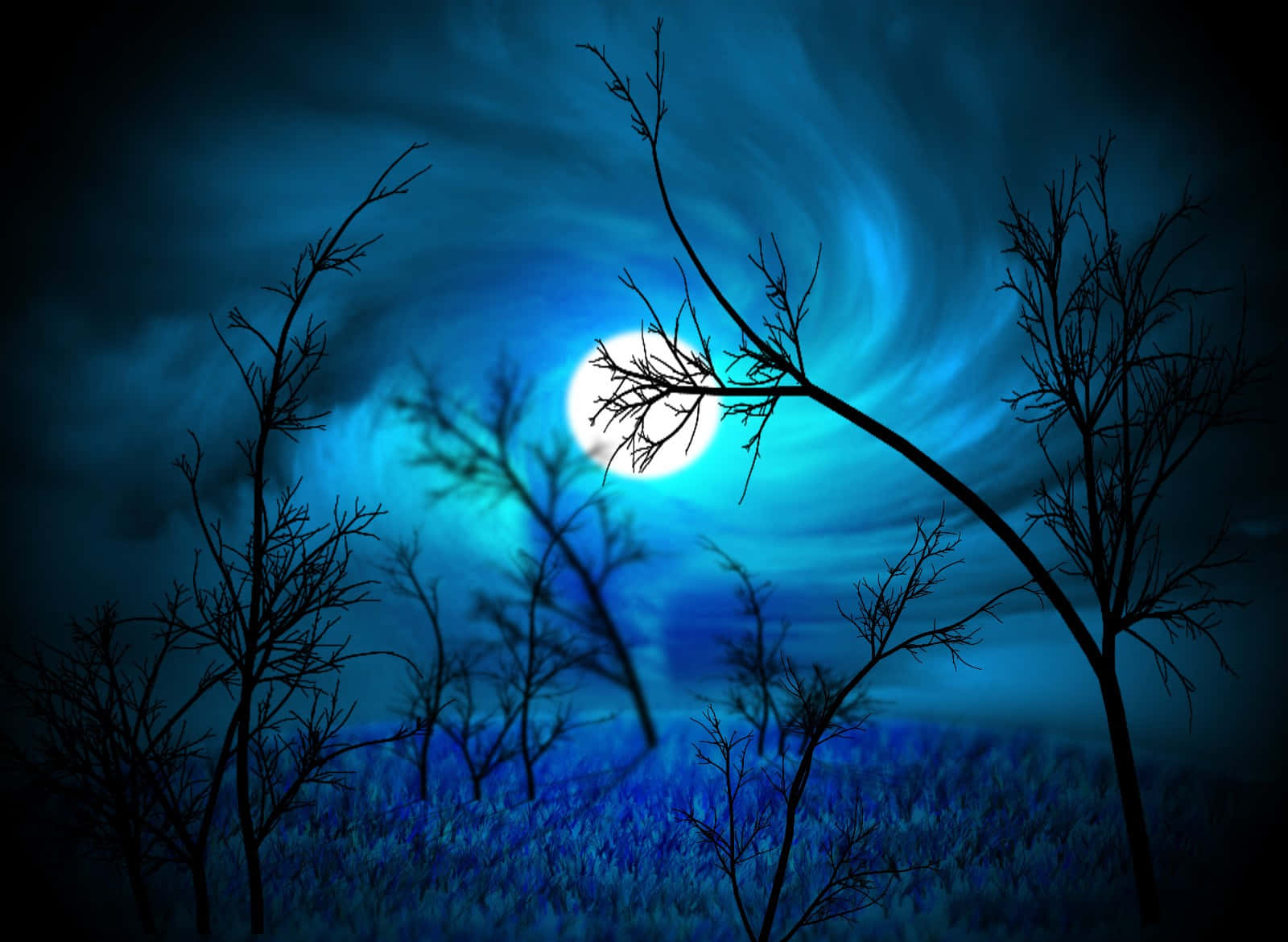 午夜時分的美麗夜空 壁紙 — 光禿禿的樹木剪影伸向在深藍色夜空中旋轉的發光滿月。