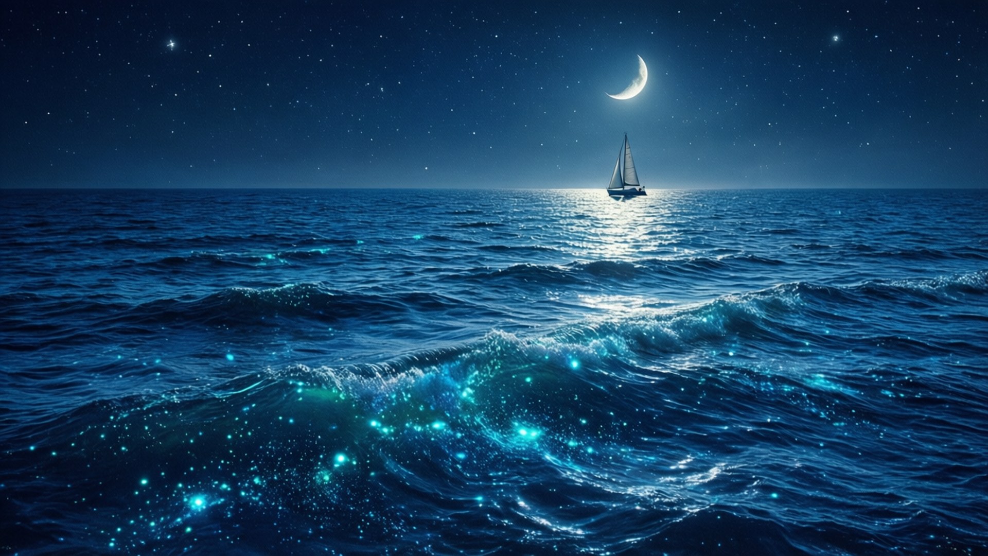 午夜海洋光輝 壁紙 — 一艘孤獨的帆船在彎月和星空下滑過深藍色的海洋，海洋中閃爍著生物發光的波浪。