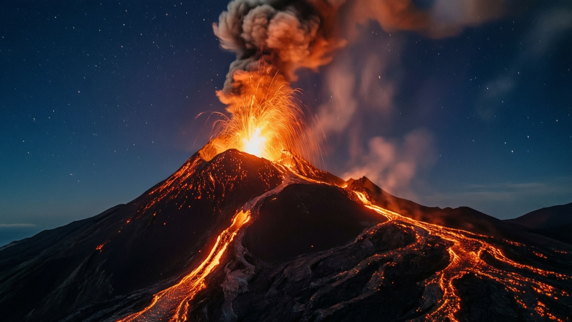 夜晚火山爆發，發光熔岩和煙霧，星空下。