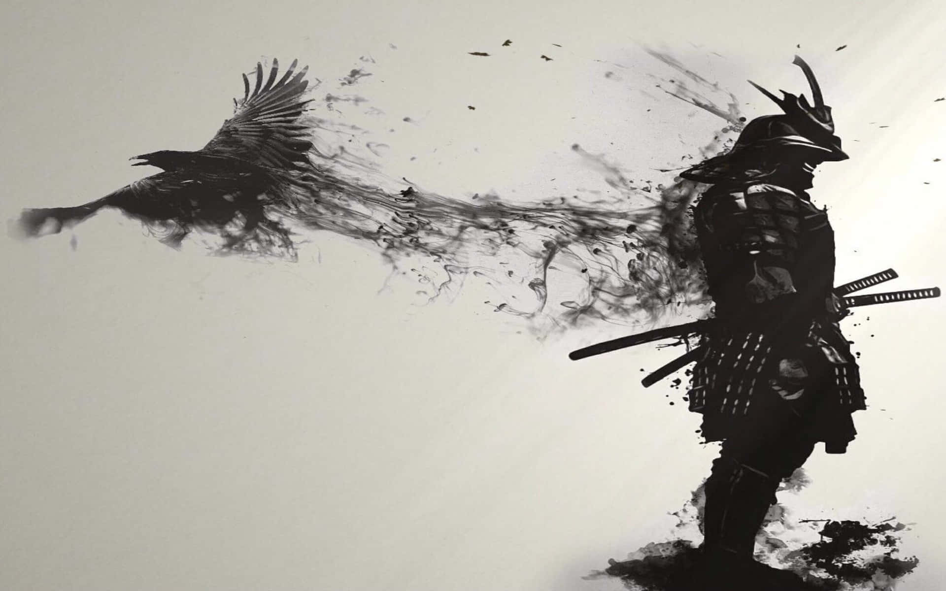 武士與烏鴉的黑色墨跡藝術