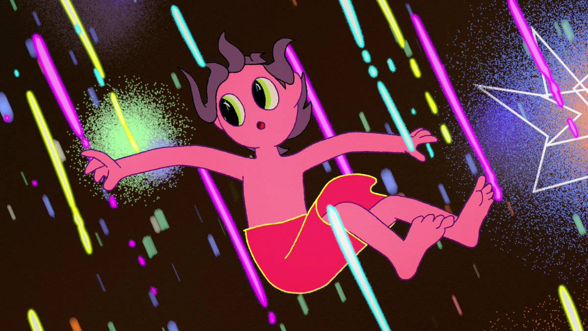 《午夜福音》Clancy 與流星雨 壁紙 — 一個粉紅色有角的卡通角色在黑暗的宇宙背景下漂浮在發光的霓虹條紋之間。