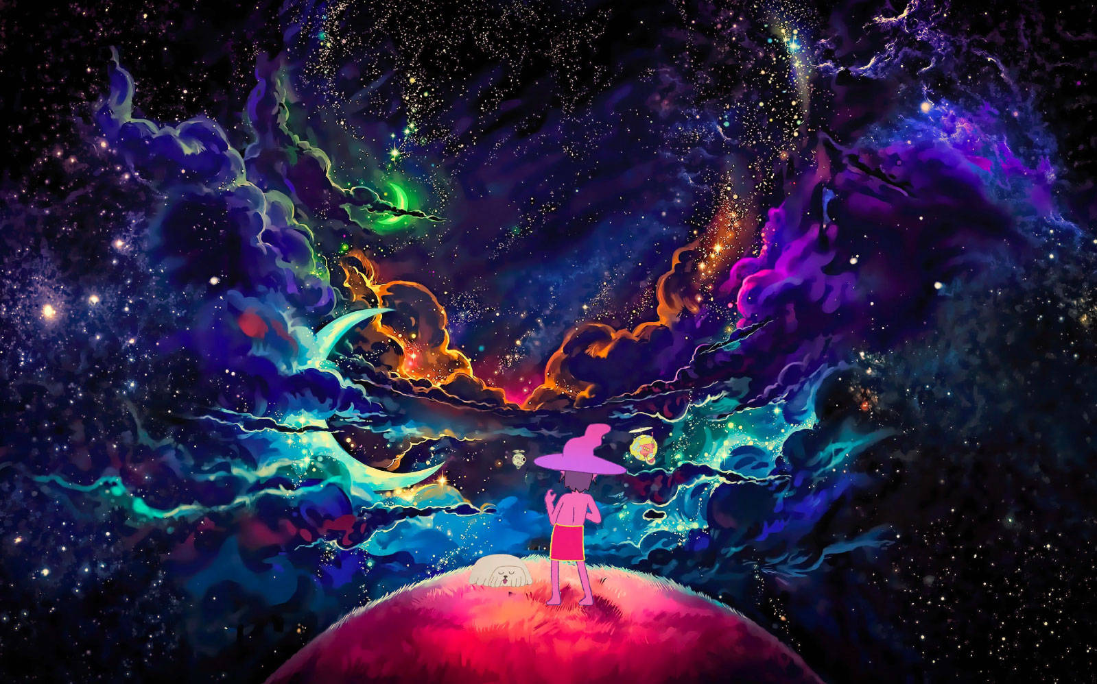 《午夜福音》壯麗天空 壁紙 — 一個戴著粉紅色帽子的小人物站在發光的行星上，凝視著充滿星星和星雲的漩渦宇宙天空。