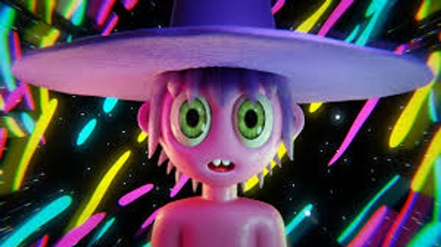 《午夜福音》宇宙奇旅 壁紙 — 一個卡通風格的紫色皮膚角色，綠色眼睛，戴著寬邊帽，站在有霓虹燈條紋的宇宙背景前。