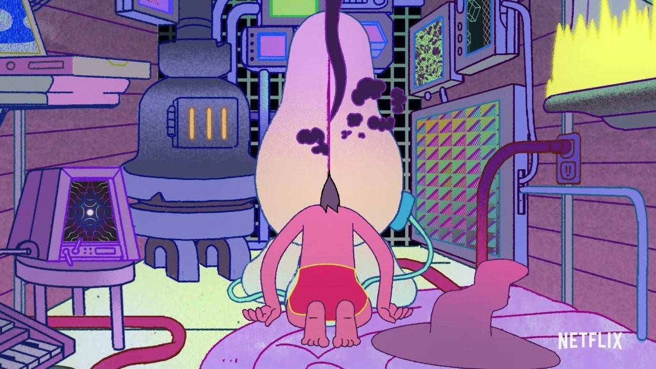 午夜福音 紫色實驗室 壁紙 — 一個卡通角色坐在一張床上，房間是雜亂的紫色，充滿了發光的科技和管道。
