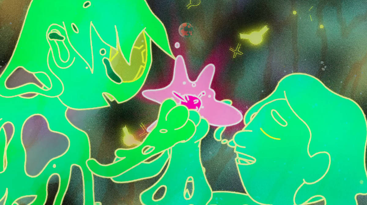 《午夜福音》綠色黏液 壁紙 — 兩個發光的綠色外星人般的身影輕輕懷抱著一個粉紅色海星，背景是漂浮行星和星星的宇宙場景。