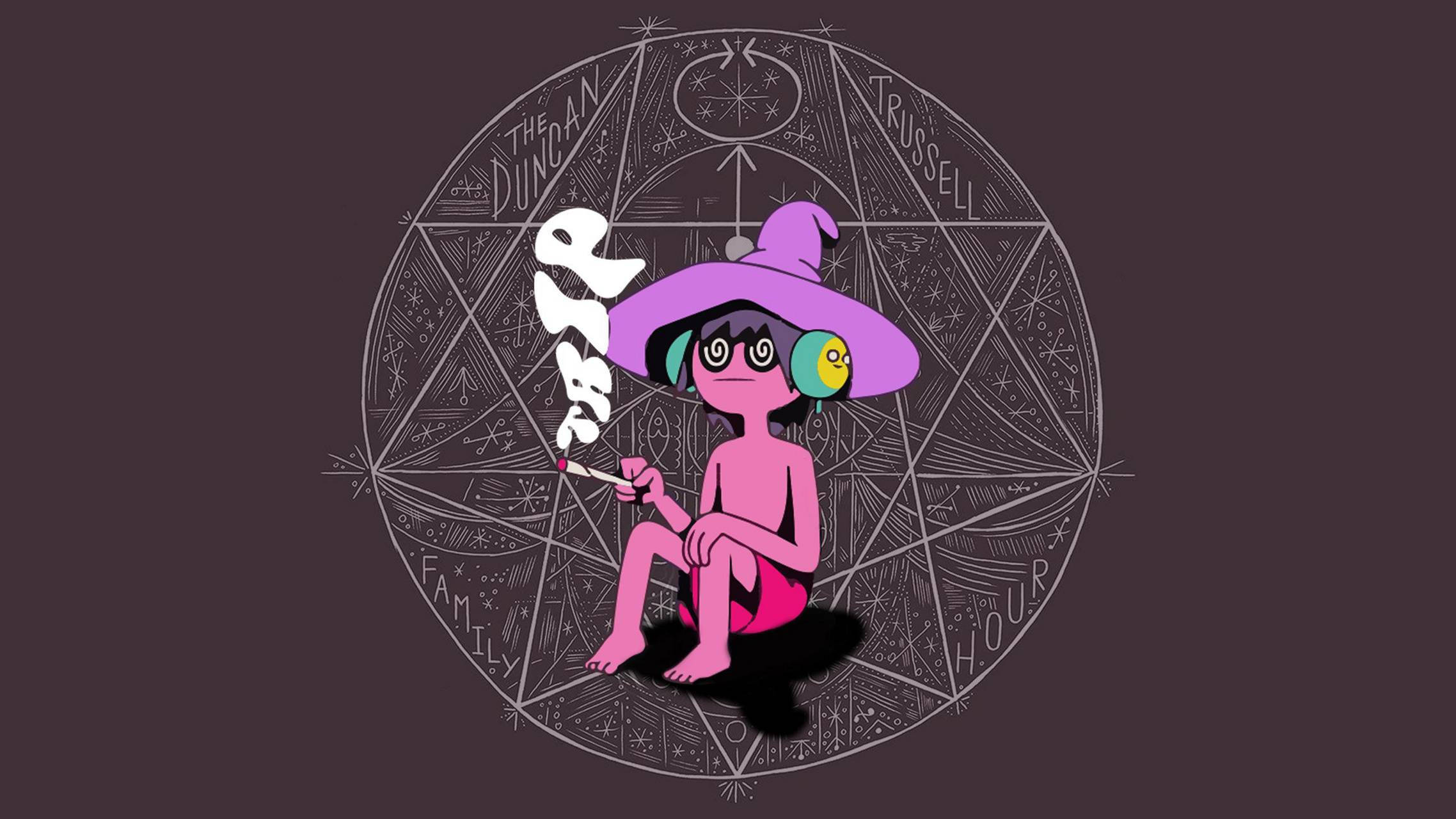 午夜福音 達蒙·特魯斯爾時段 壁紙 — 一個粉紅色卡通女巫戴著紫色帽子，坐在一個詳細的幾何圓圈內，吸煙時煙霧形成「RUMBLE」一詞。