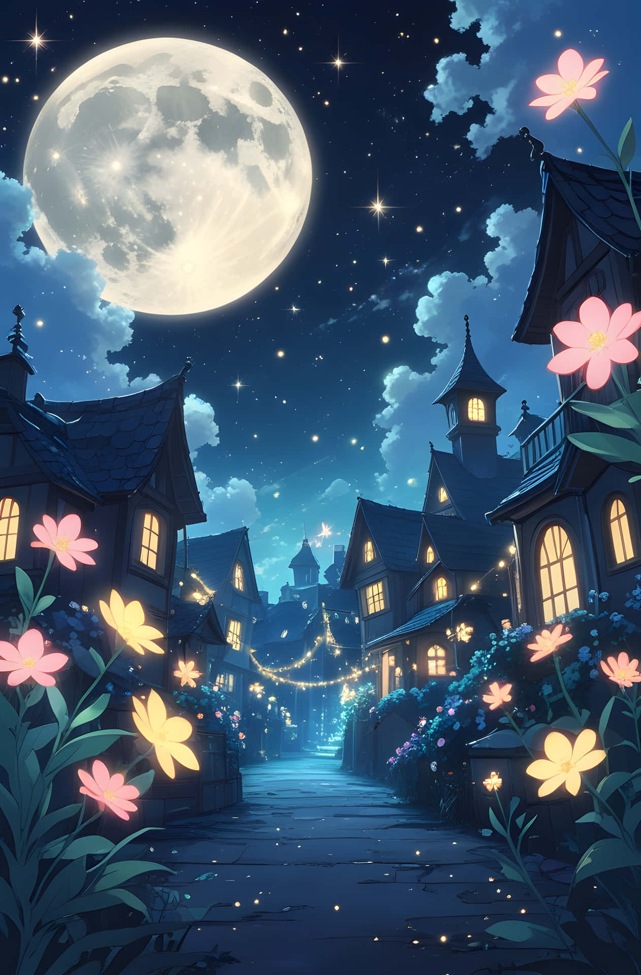 午夜花村 壁紙 — 一條月光下的夢幻村莊街道，兩旁是發光的粉紅色和黃色花朵，星空下有一輪巨大的滿月。