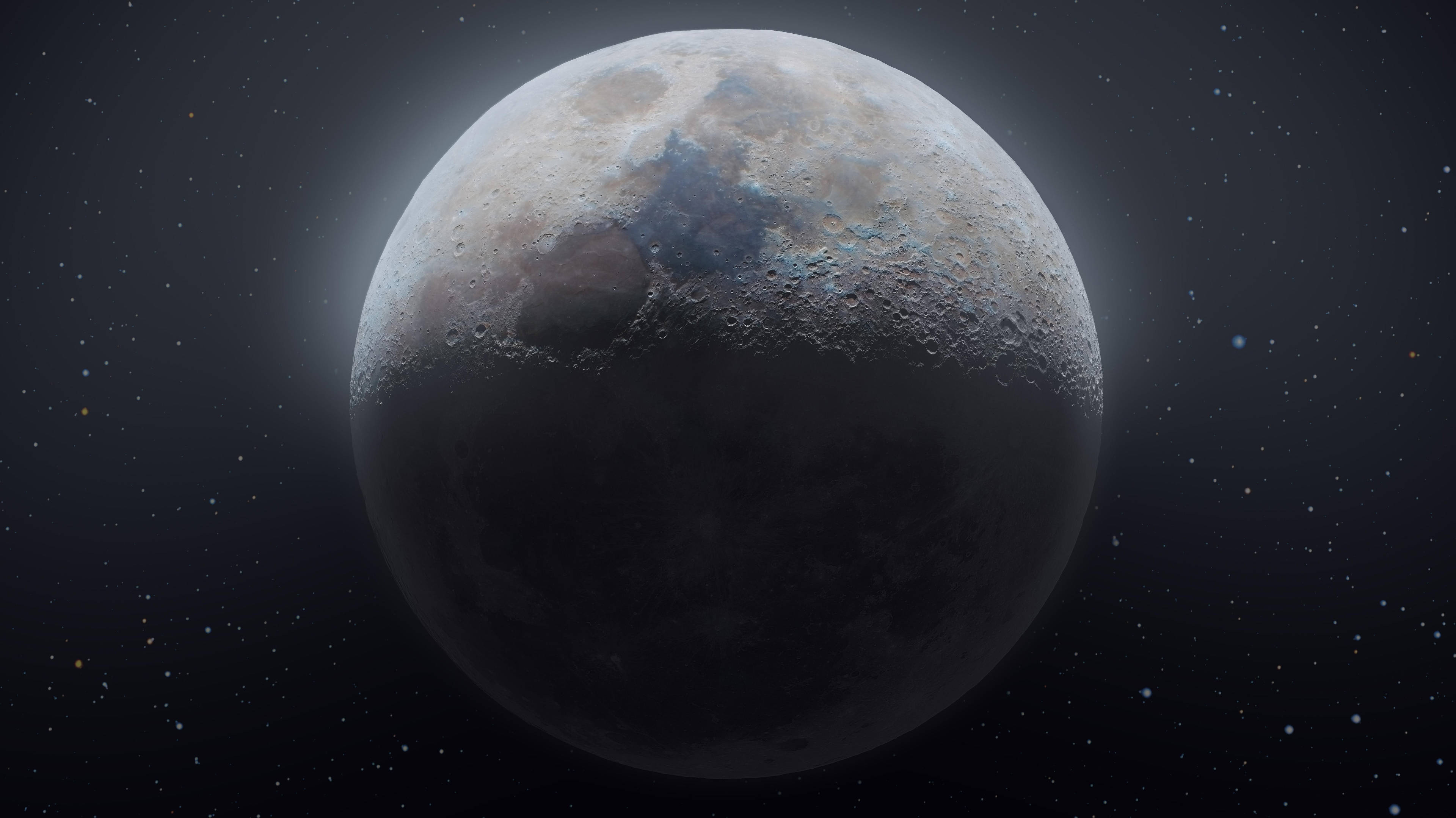 半亮月光 4K 壁紙 — 一個詳細的3D渲染月球，帶有隕石坑和月海，在星空中柔和發光。