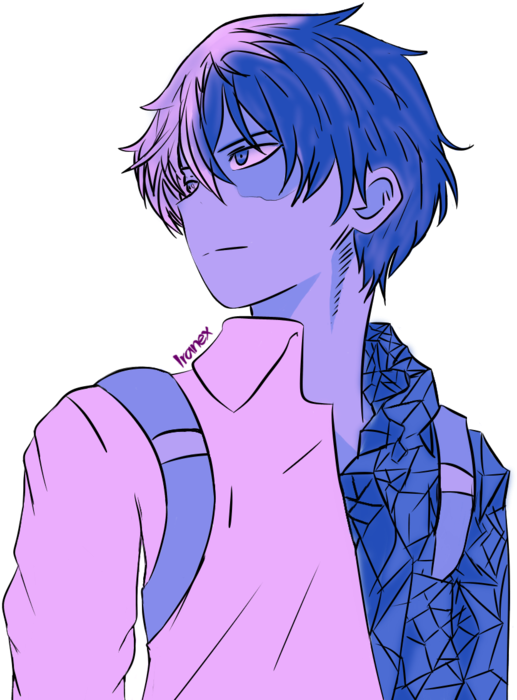 半冷半熱轟焦凪插畫 壁紙 — 一個風格化的動漫男孩，藍色頭髮和紫色眼睛，穿著粉紅色襯衫和幾何圖案外套，背景為黑色。
