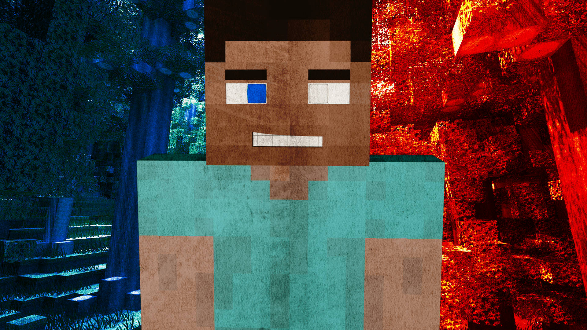 Minecraft角色在夜晚被森林和地獄環境分隔。