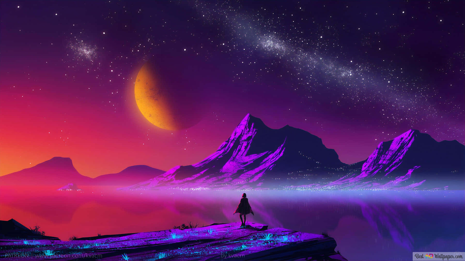 一個人站在發光的懸崖上，看著星空下紫色山脈和一彎新月。