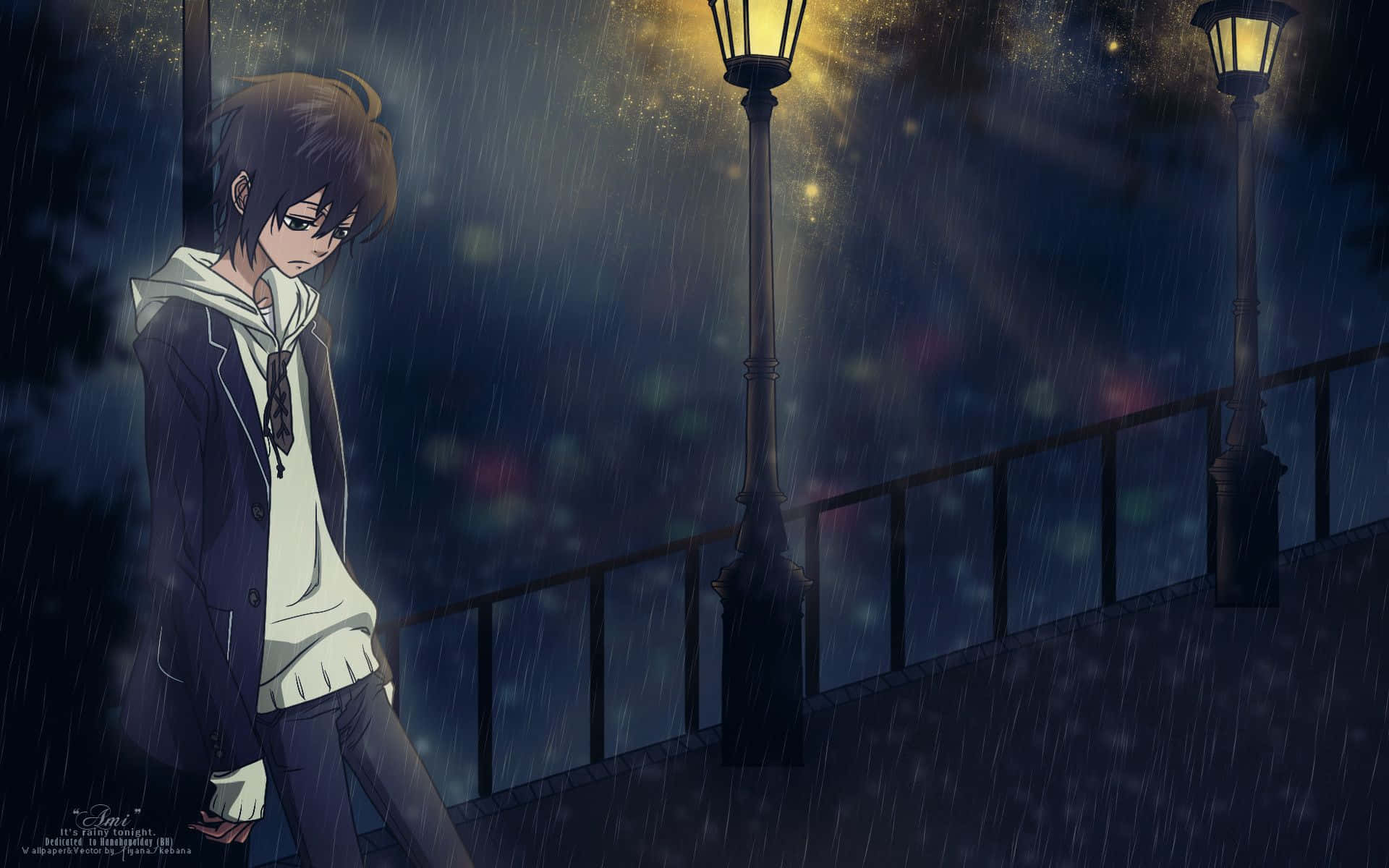 《半妖的夜叉姬》動畫角色抑鬱場景 壁紙 — 一個孤獨的動畫男孩穿著連帽衫，在夜晚的黑暗橋上站在被雨水打濕的路燈下，發光的散景燈光在潮濕的空氣中閃爍。