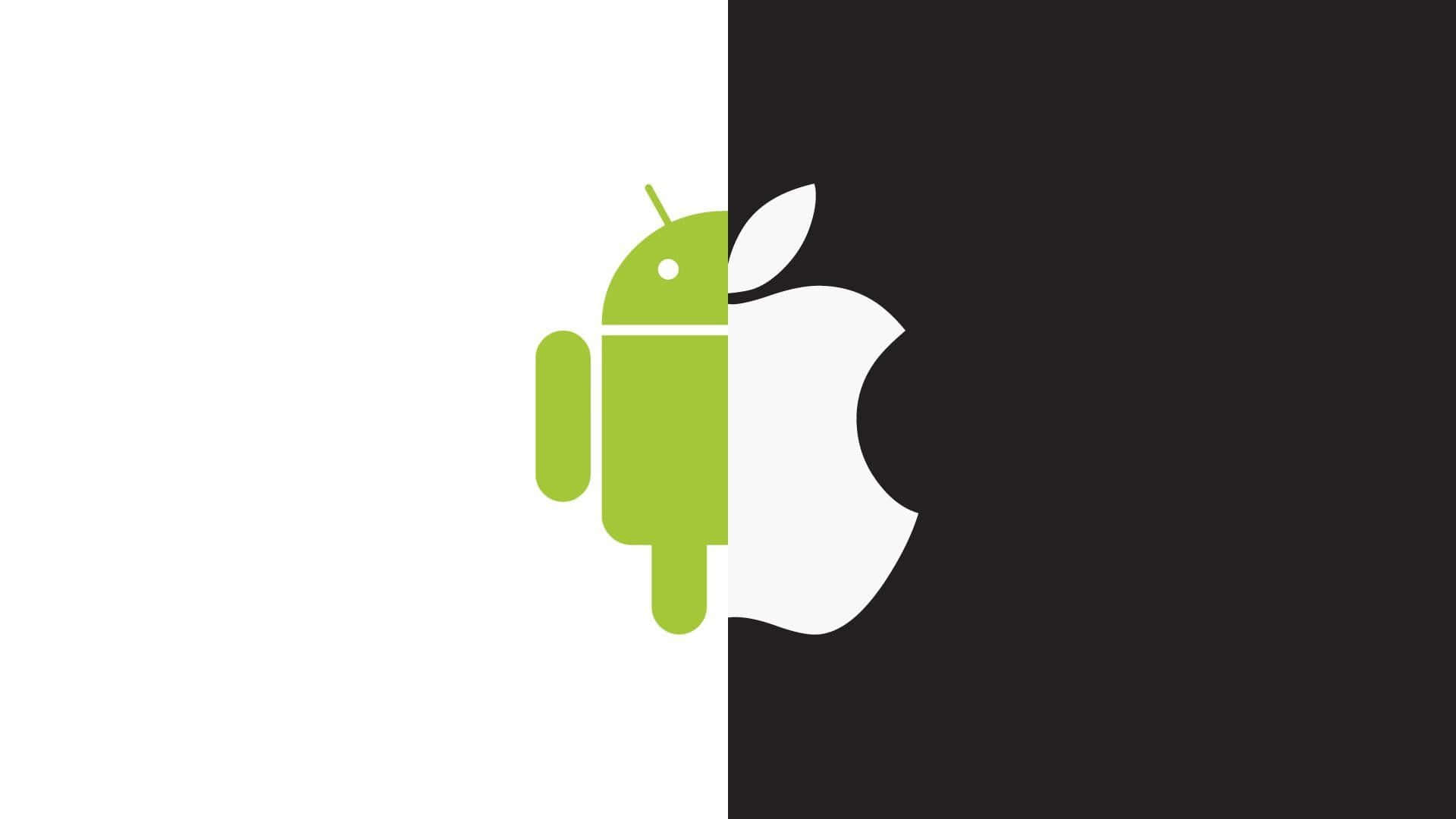 綠色Android機械人標誌部分重疊白色Apple標誌，背景為黑白分割。