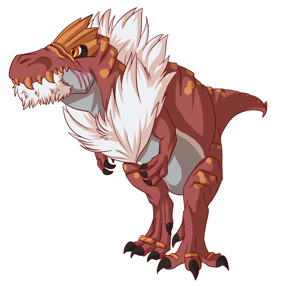 半寫實風格 Tyrantrum 壁紙 — 一隻風格化的卡通恐龍，有著白色蓬鬆鬃毛和橙色斑點，在純白色背景前警覺地站立。