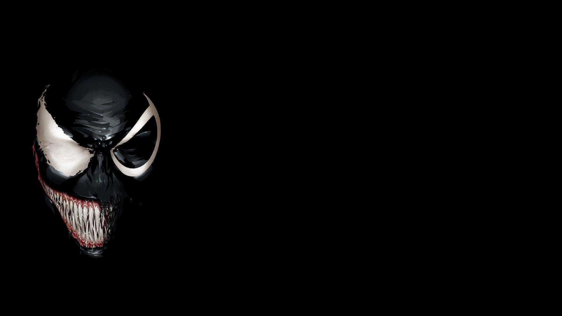 Venom 的威脅性面孔，帶有發光眼睛和尖銳牙齒，在黑色背景上。