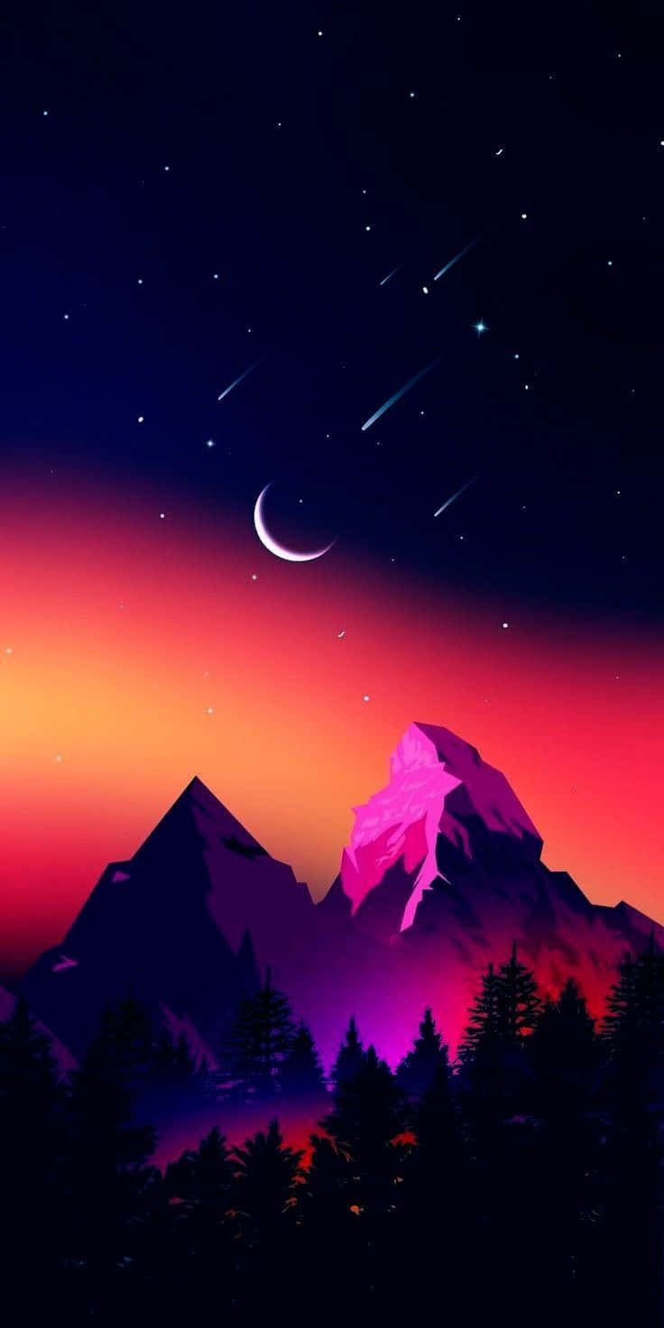 在繁星點點的夜空下，新月和流星劃過的山峰。