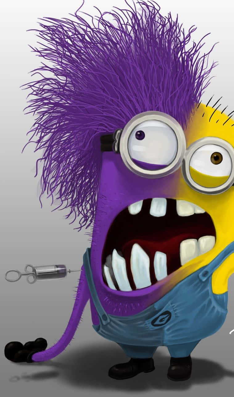一個紫色頭髮、穿著藍色工裝褲的 minion 拿著注射器尖叫。