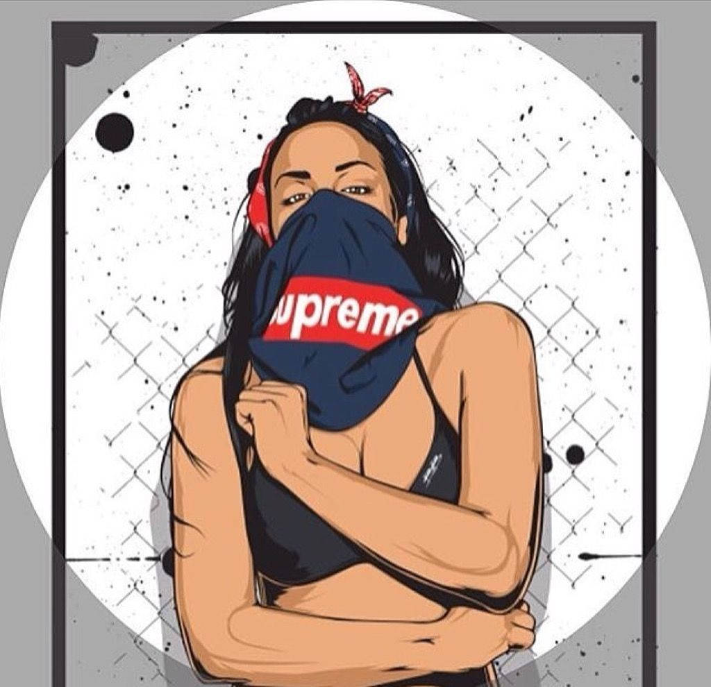 一位戴著Supreme頭巾遮住嘴巴的女性風格化插圖。