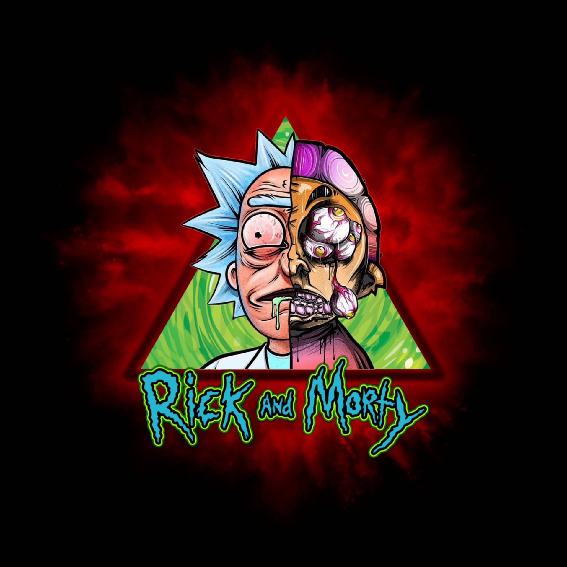 Rick and Morty 卡通角色分裂的臉在發光三角形中，背景為紅色和綠色。