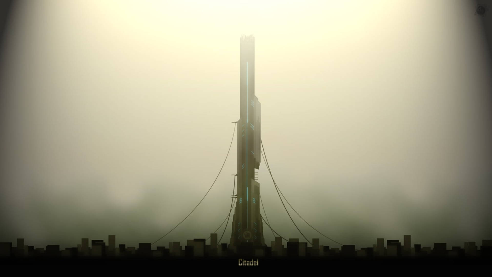 半衰期Citadel陰鬱雲景 壁紙 — 一座高聳的未來主義尖塔刺穿霧氣瀰漫的天空，下方是沐浴在溫暖環境光中的剪影城市景觀。