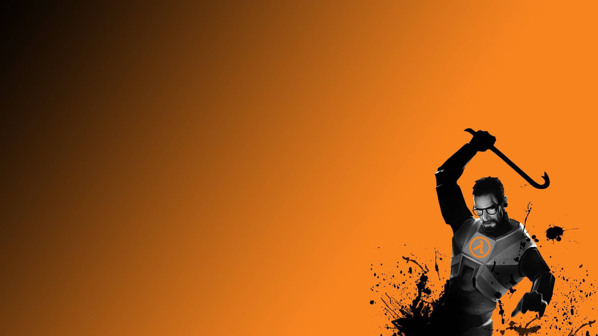 半衰期戈登·弗里曼漸層背景 壁紙 — 一個穿著防護衣的剪影人物，在帶有墨水飛濺的橙色漸變背景上揮舞著撬棍。