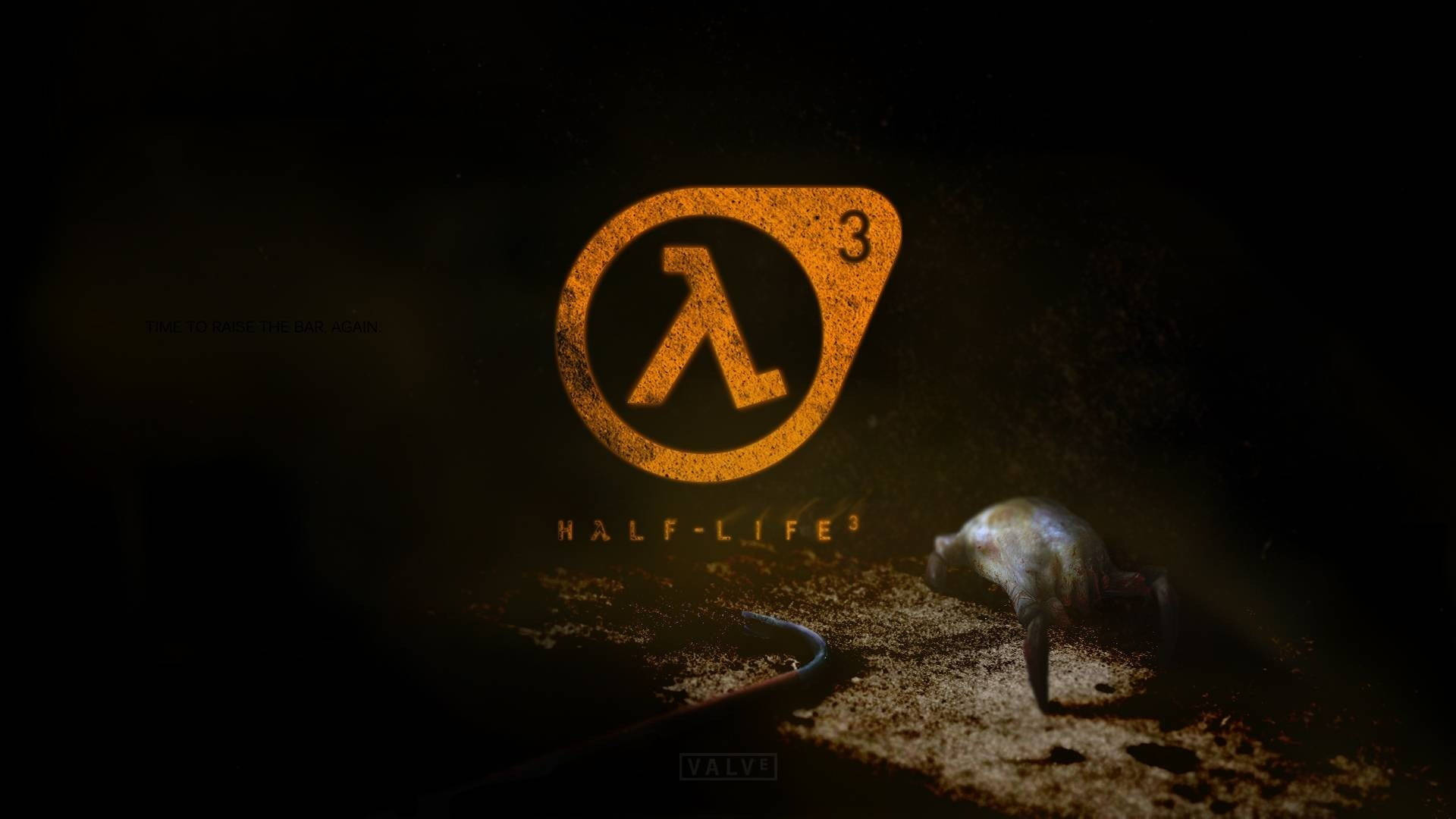 半衰期標誌於暗色木質房間 壁紙 — 發光的橙色 Half-Life 3 標誌照亮了黑暗粗糙的地板，附近有一隻小生物在爬行。