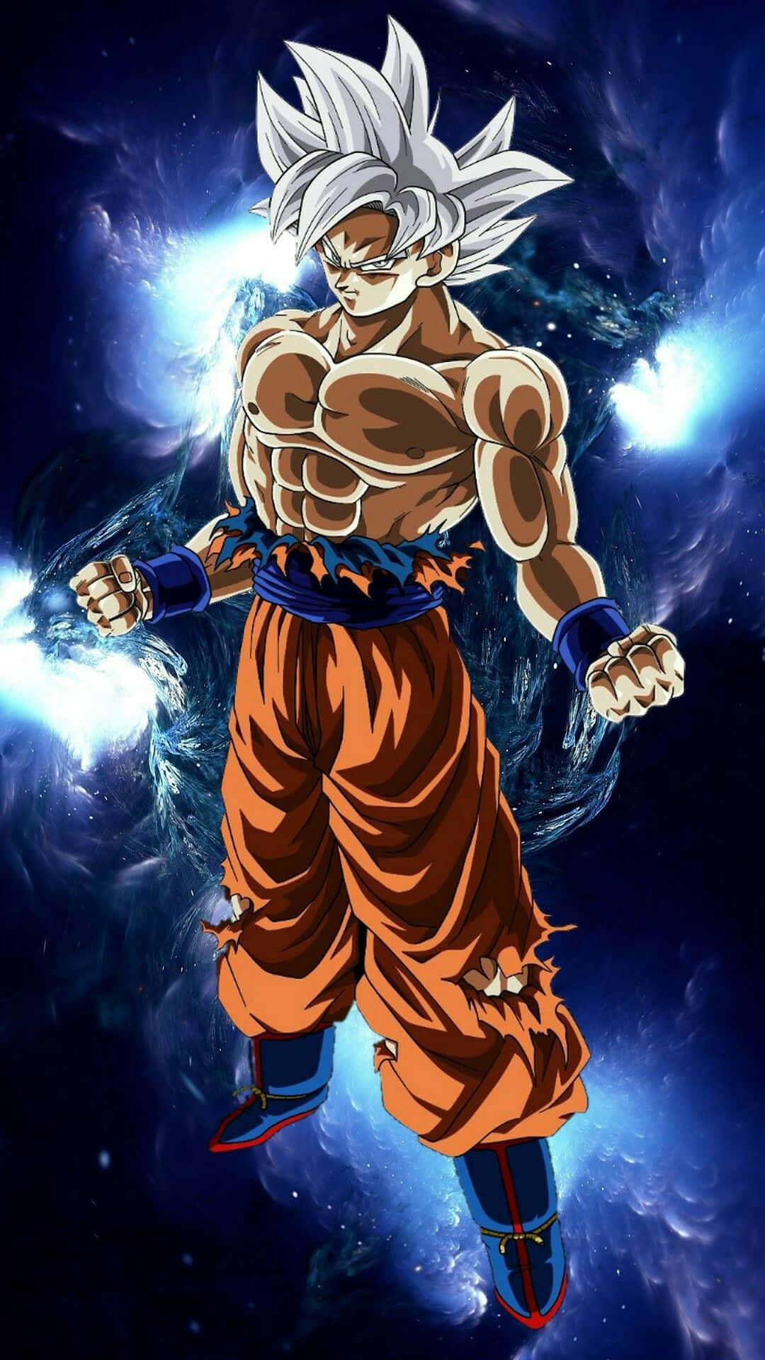 動漫角色悟空以超級賽亞人形態漂浮在太空中，擁有發光的能量拳頭。