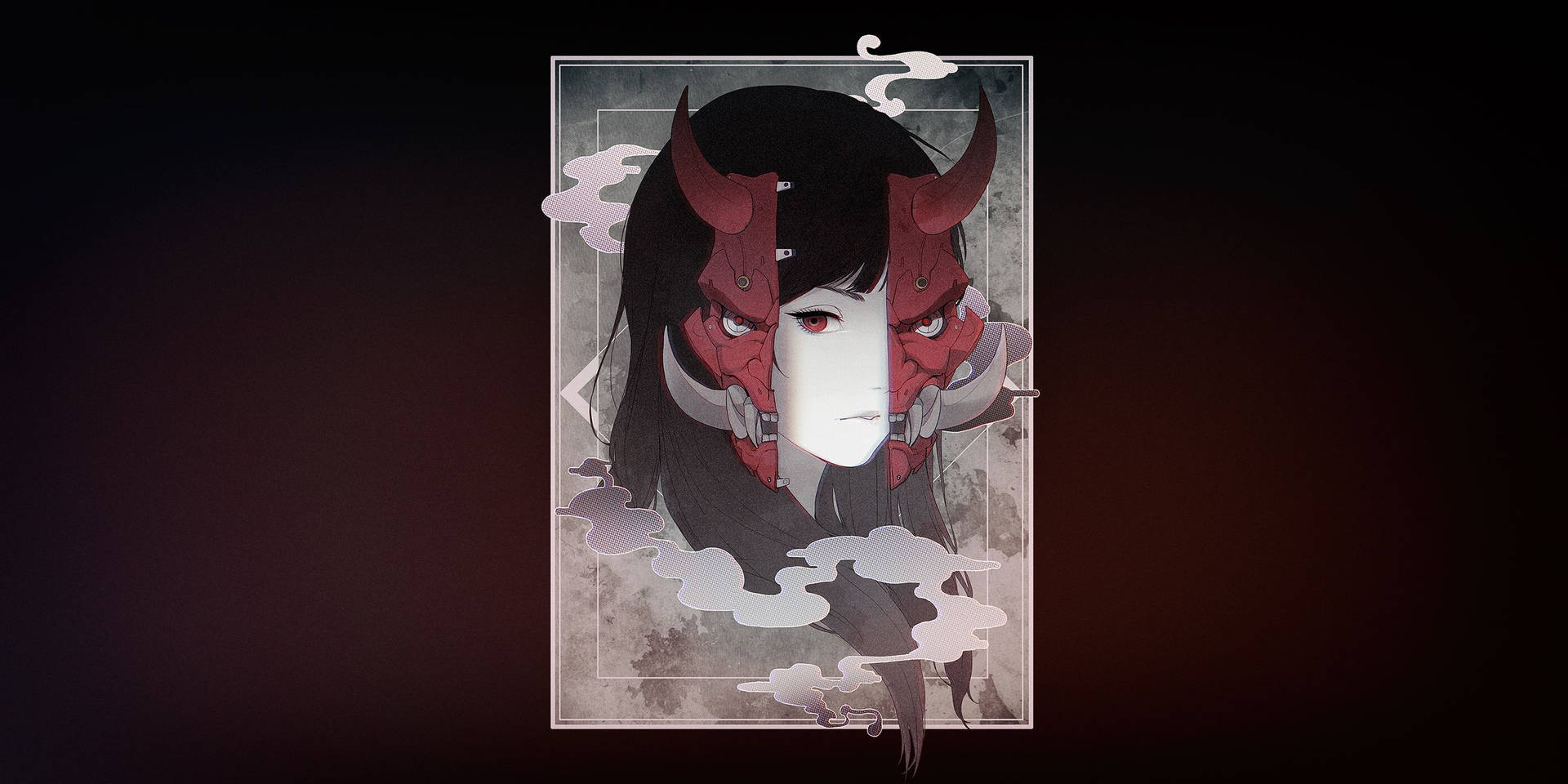 動漫女孩，擁有紅色惡魔角和白色面具，被煙霧環繞。
